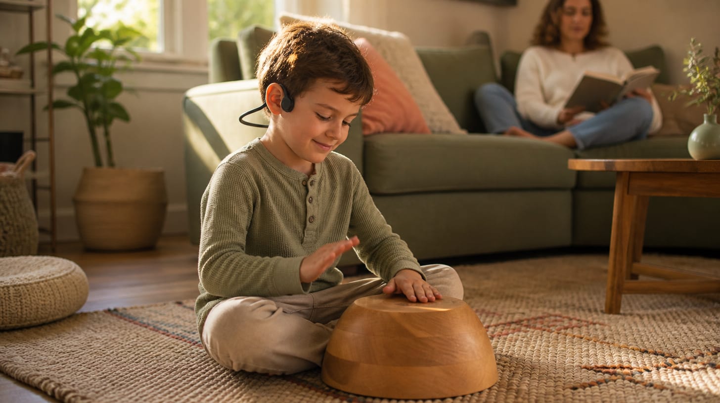 A young child sitting cross-legged on a woven rug in warm afternoon light, wearing lightweight open-ear headphones and happily tapping a rhythm on an upturned wooden bowl, while a parent reads on the sofa behind