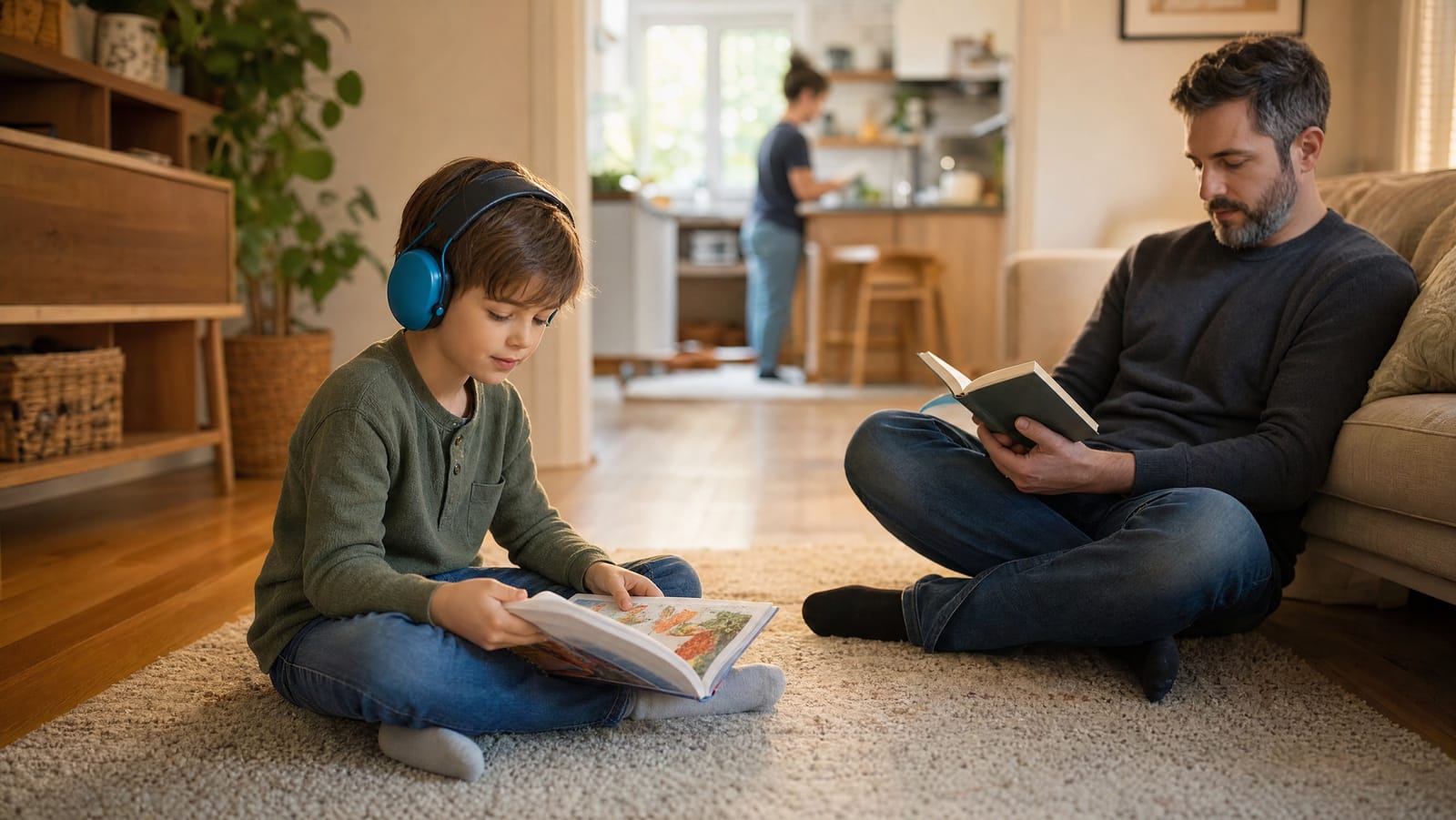 A child sitting on a living-room rug wearing bright over-ear protective earmuffs, relaxed and absorbed in a picture book while a parent reads nearby