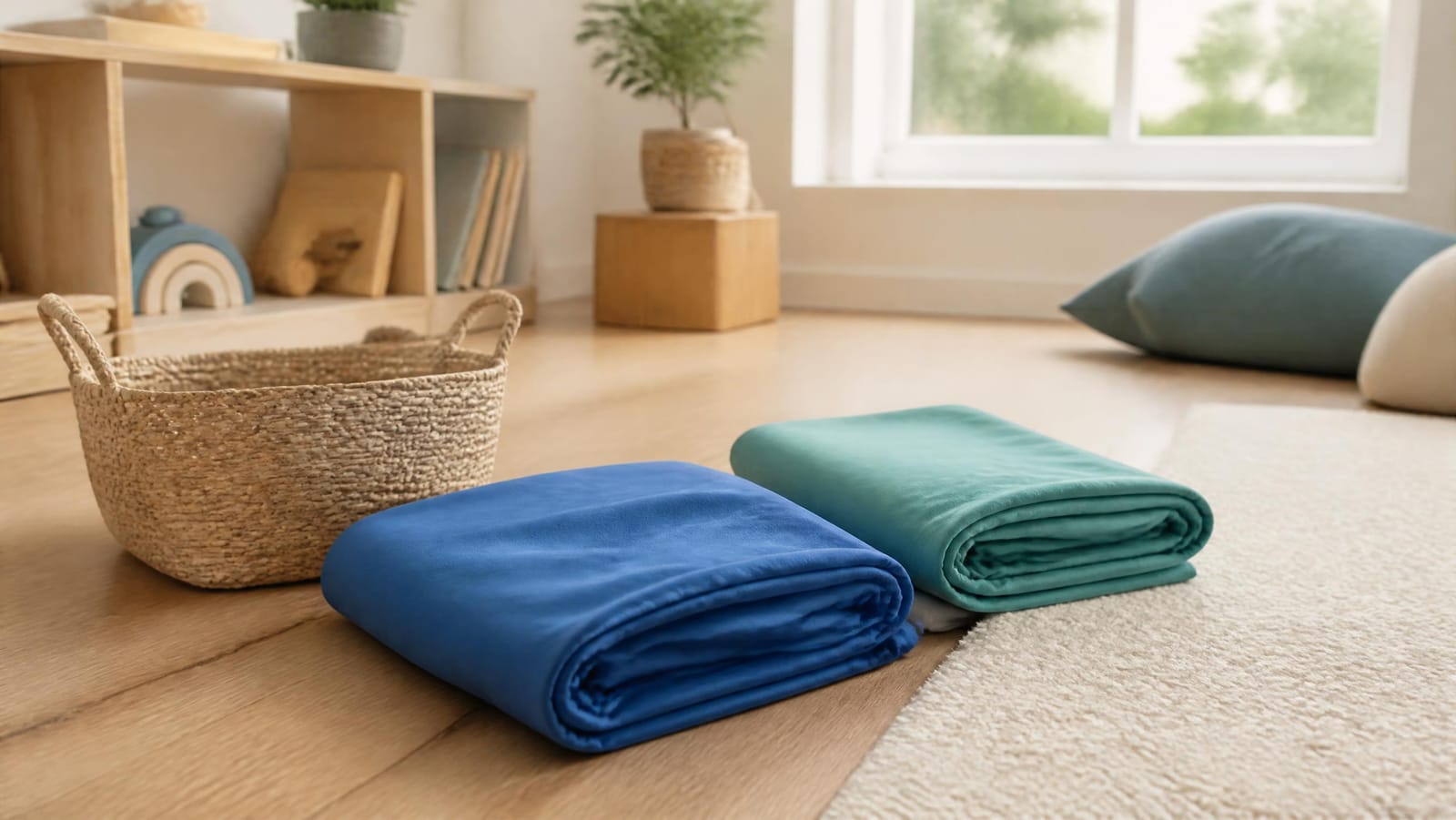 Two folded stretchy lycra sensory body socks in blue and teal on a playroom floor beside a woven storage basket