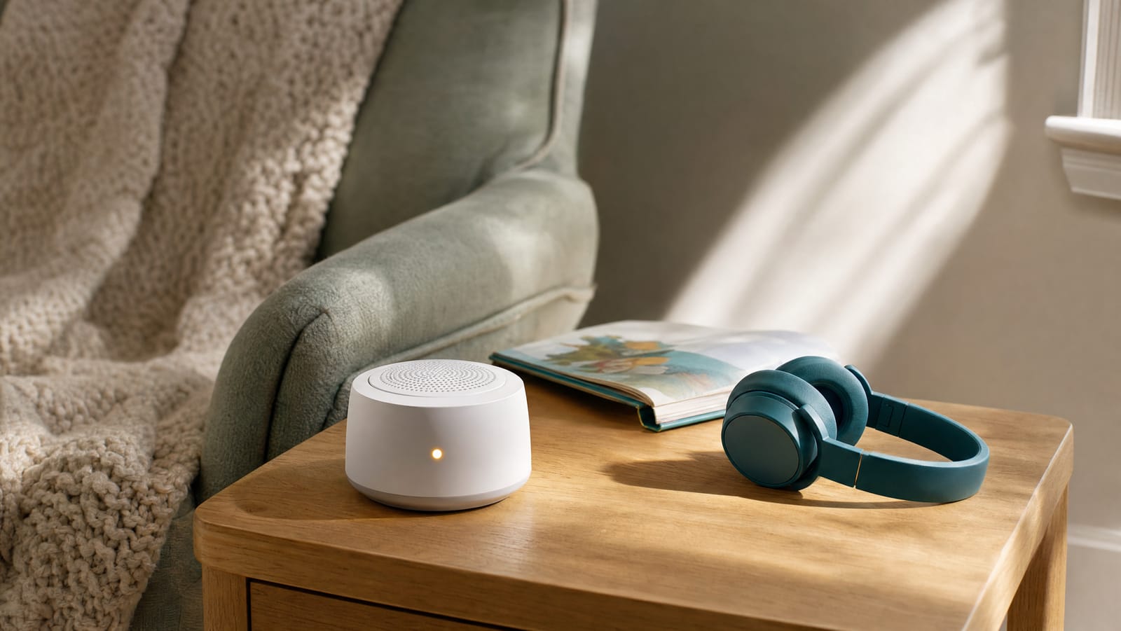 A small white sound machine with a circular speaker grille and a soft amber indicator light on a pale oak side table, beside an open picture book and a pair of folded teal over-ear headphones, with a sage armchair and knitted throw behind in warm afternoon light