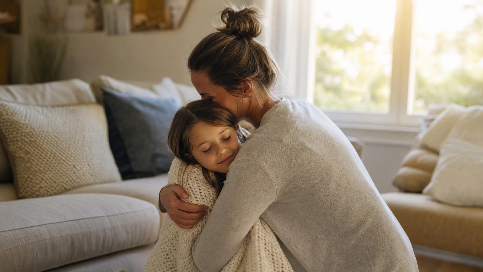A parent giving a calm, firm hug to a child wrapped snugly in a soft blanket on a sunlit living room sofa