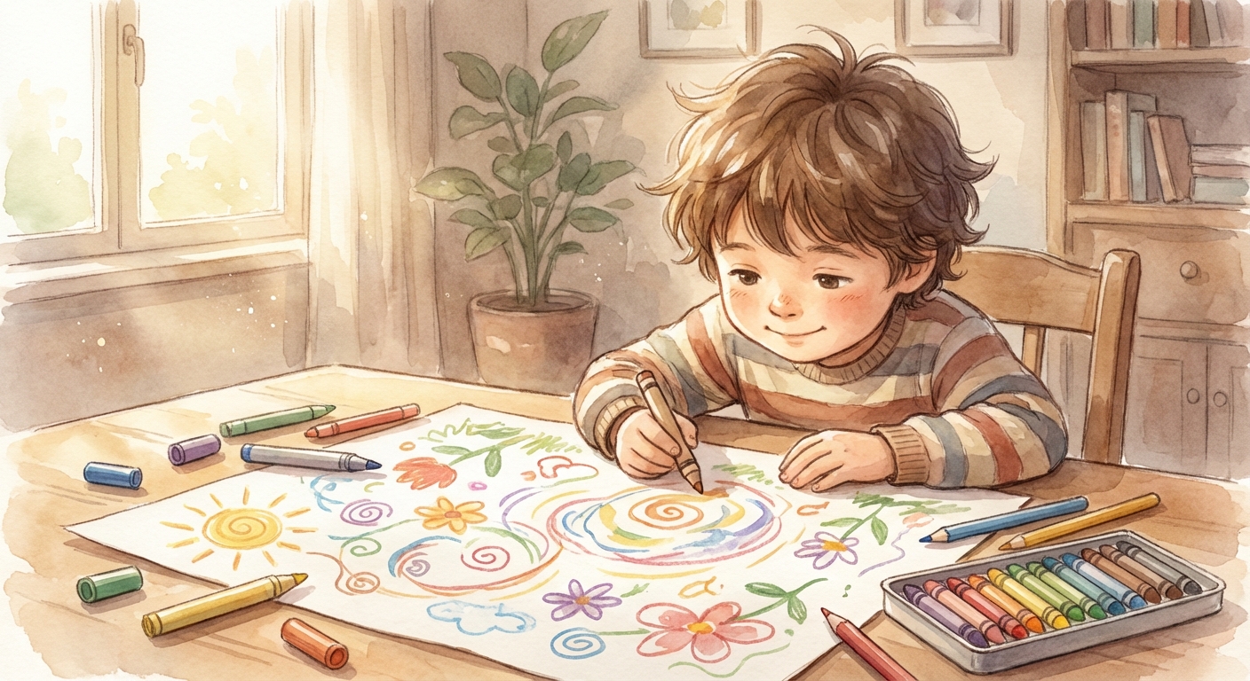 Child happily drawing with colorful crayons and markers
