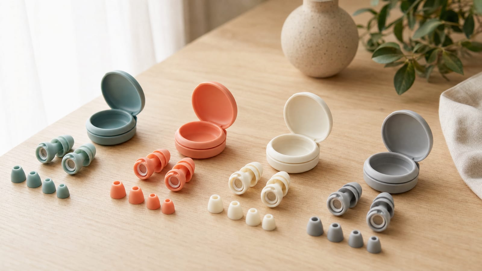 Several pairs of small reusable silicone filtering earplugs in teal, coral, cream and grey laid out on a pale oak table beside their round carry cases and spare ear tips in graduated sizes