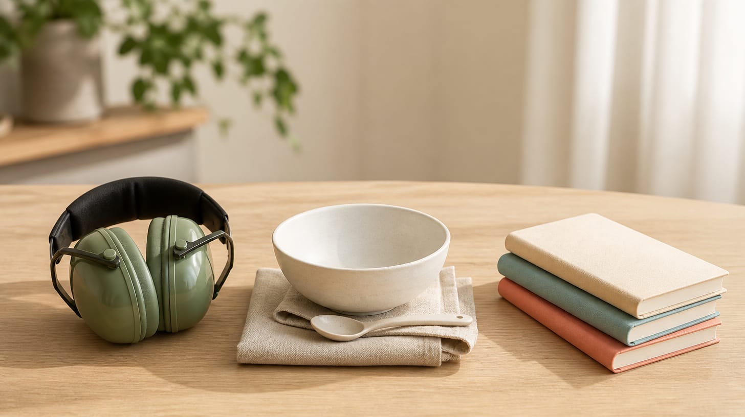 Three objects spaced along a pale oak table in soft morning light: a pair of sage green protective earmuffs, a white ceramic bowl and spoon on a folded linen napkin, and a stack of three cream, teal and coral notebooks
