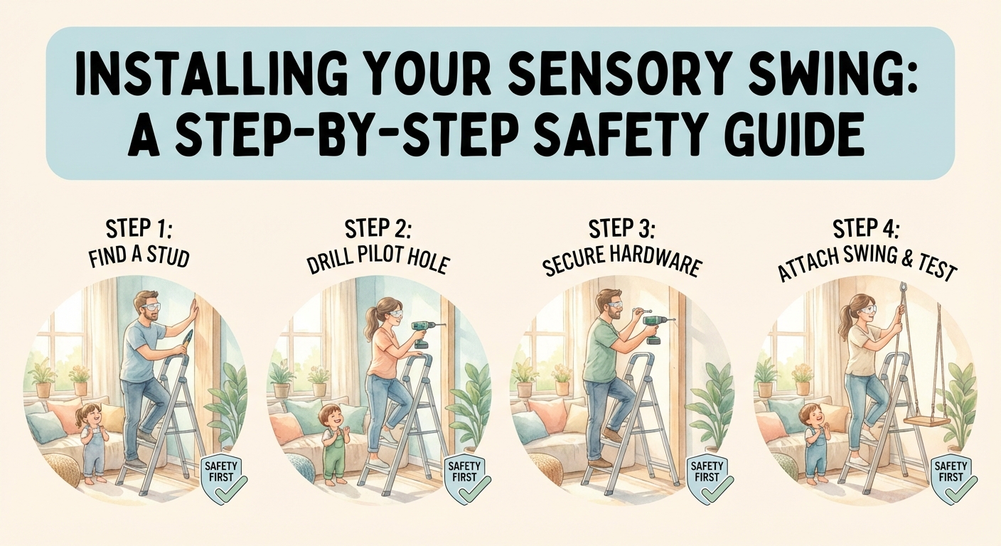 Parent installing sensory swing safely from ceiling