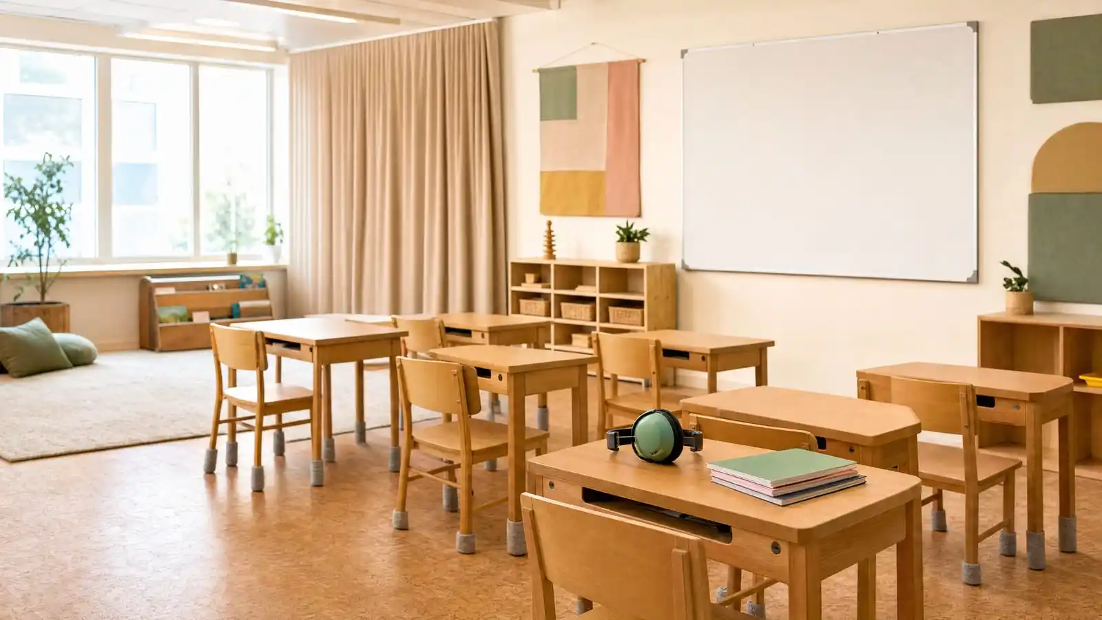 An empty primary classroom in warm morning light with felt pads on the chair legs, a soft reading rug and fabric wall hangings, and a pair of green protective earmuffs resting on a desk beside a stack of exercise books