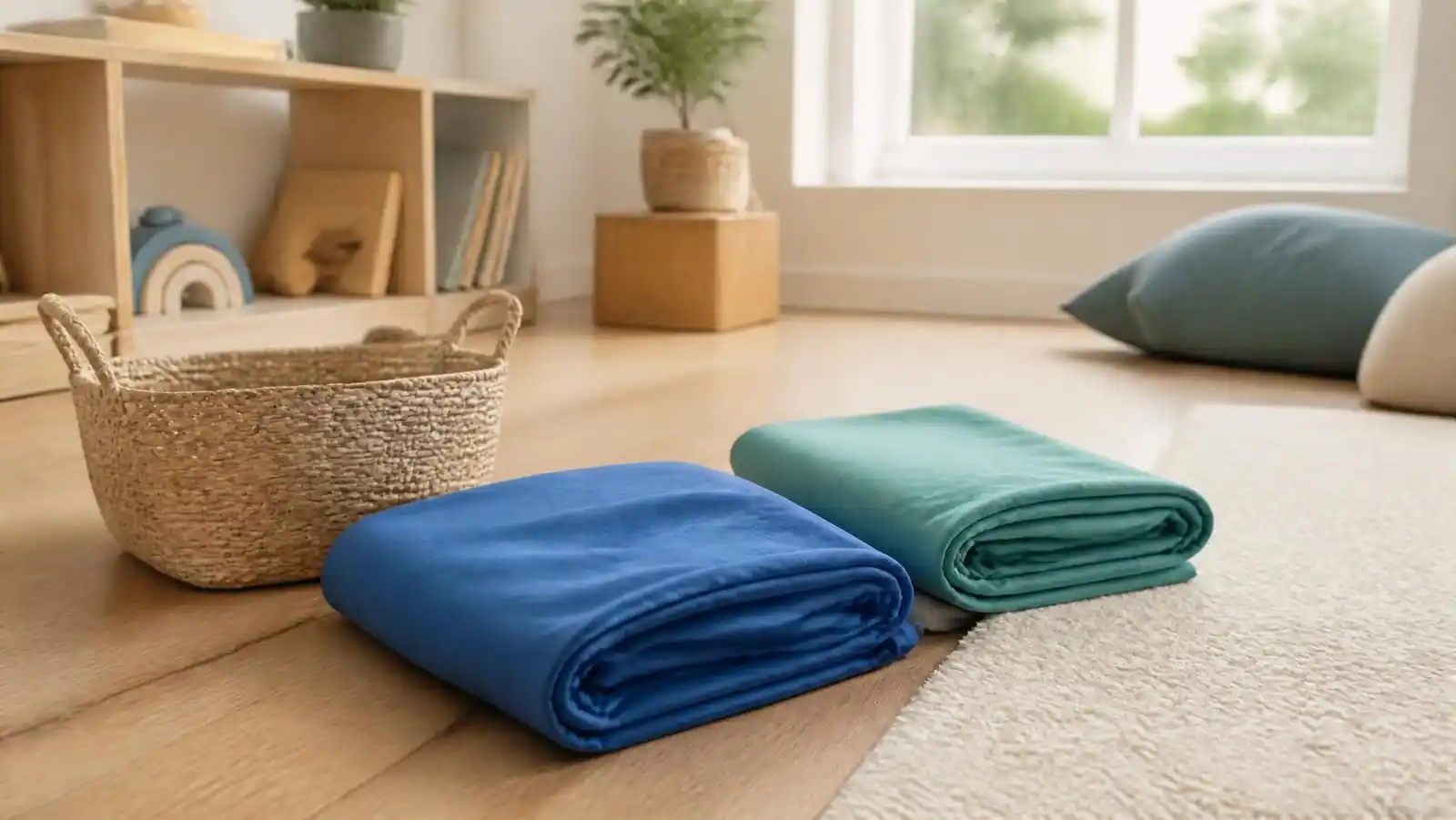 Two folded stretchy lycra sensory body socks in blue and teal on a playroom floor beside a woven storage basket