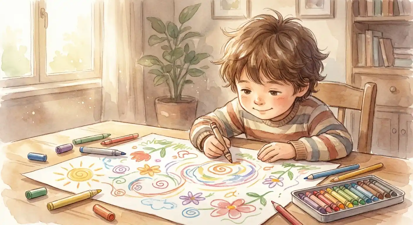 Child happily drawing with colorful crayons and markers