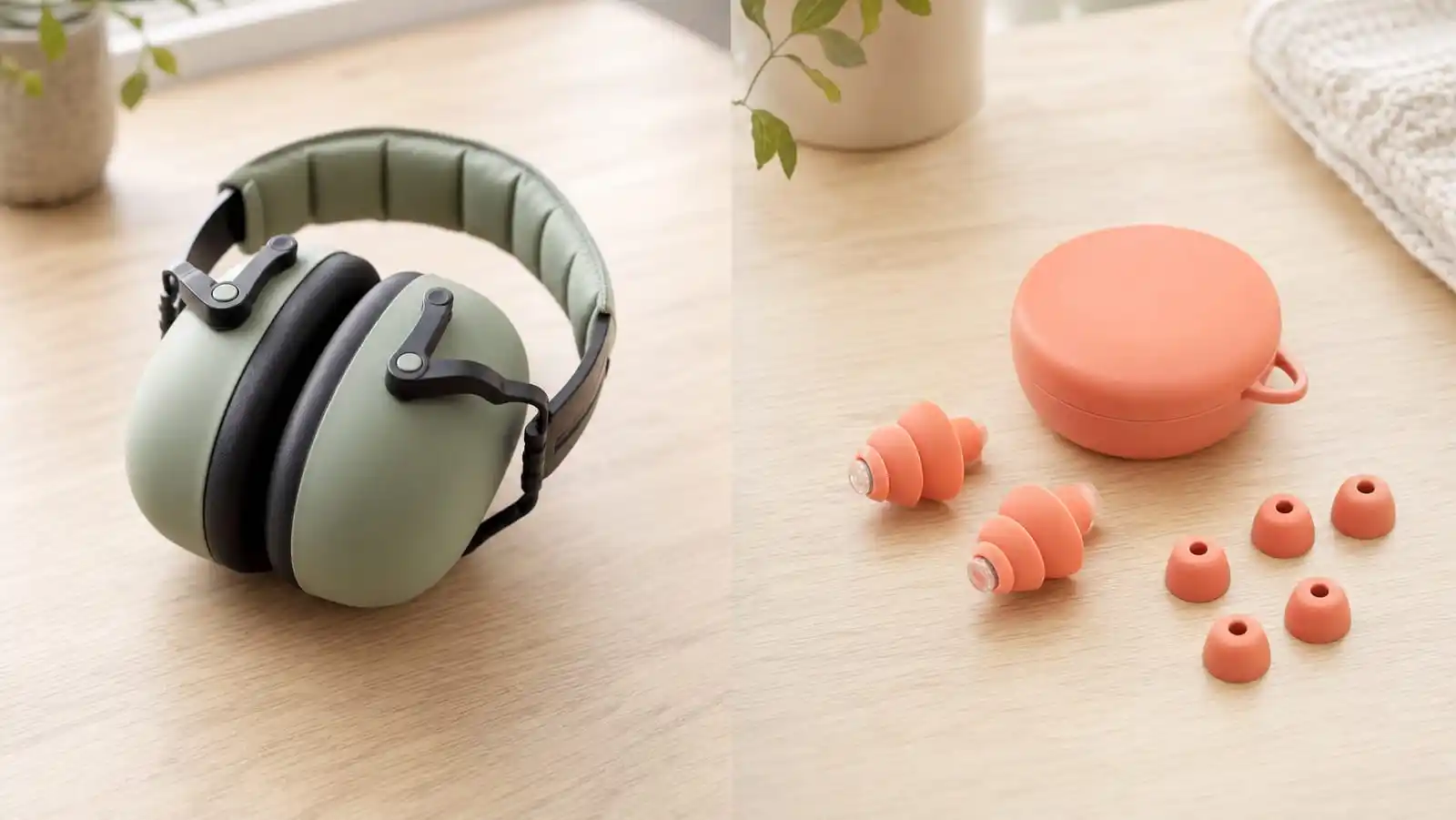 A pair of sage green over-ear protective earmuffs on the left and a pair of coral silicone filtering earplugs with their carry case on the right, side by side on a pale oak table