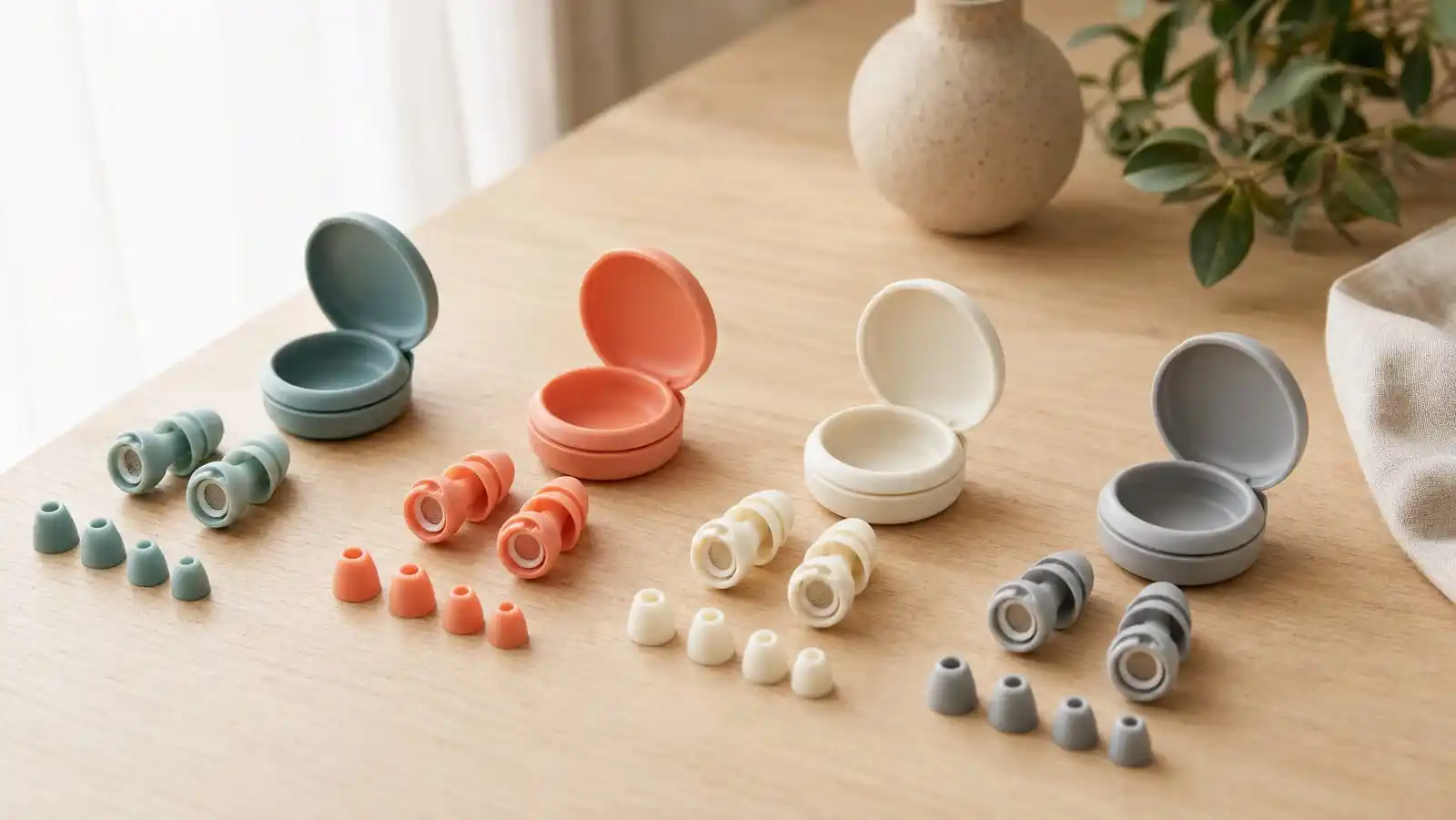 Several pairs of small reusable silicone filtering earplugs in teal, coral, cream and grey laid out on a pale oak table beside their round carry cases and spare ear tips in graduated sizes