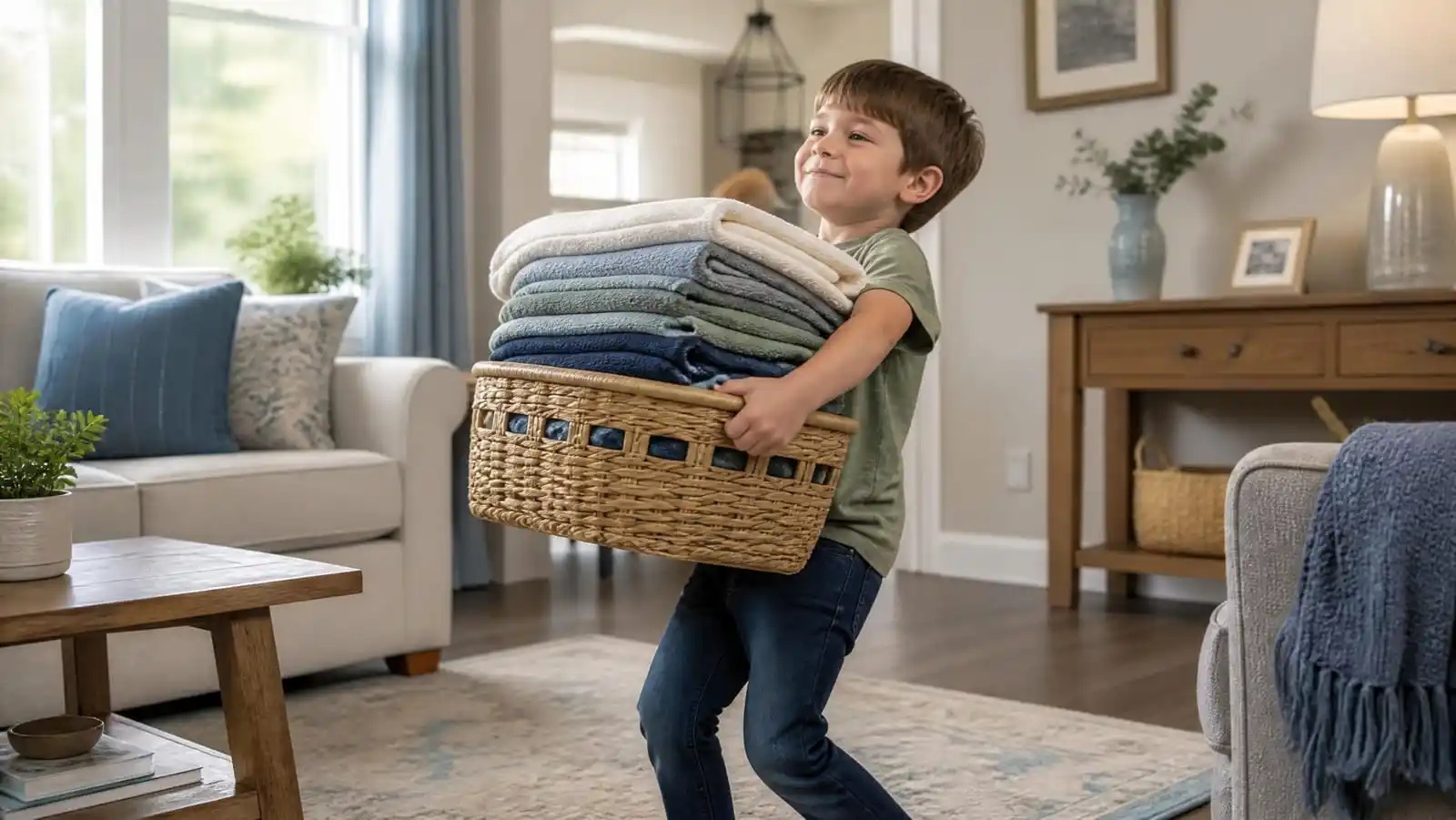 A young child carrying a laundry basket of folded towels across a sunlit living room, one of many heavy work activities for kids at home