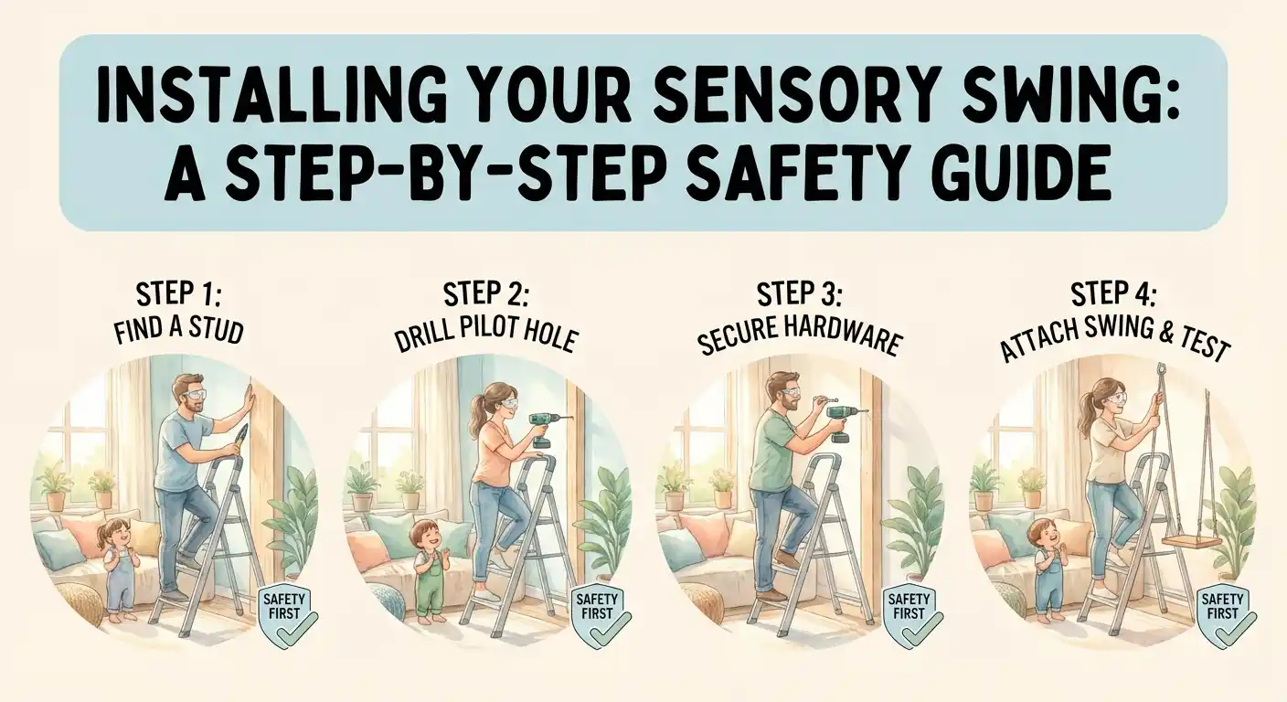 Parent installing sensory swing safely from ceiling