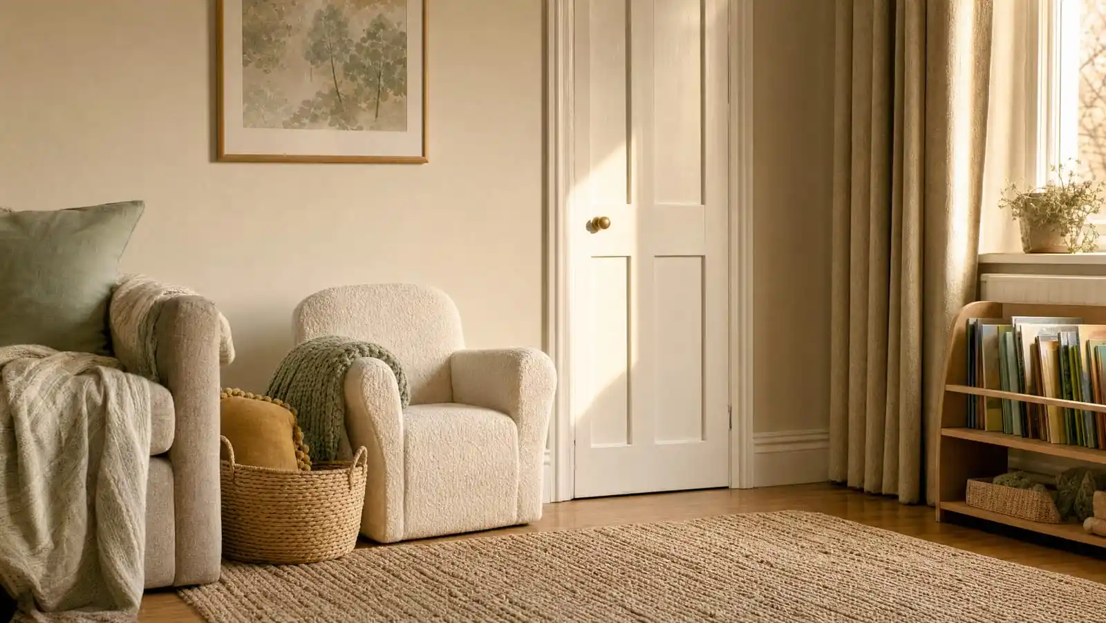 A quiet corner of a family living room set up as a low-noise retreat, with a small armchair, a folded knitted blanket, a thick woven rug and half-drawn heavy curtains in warm afternoon light