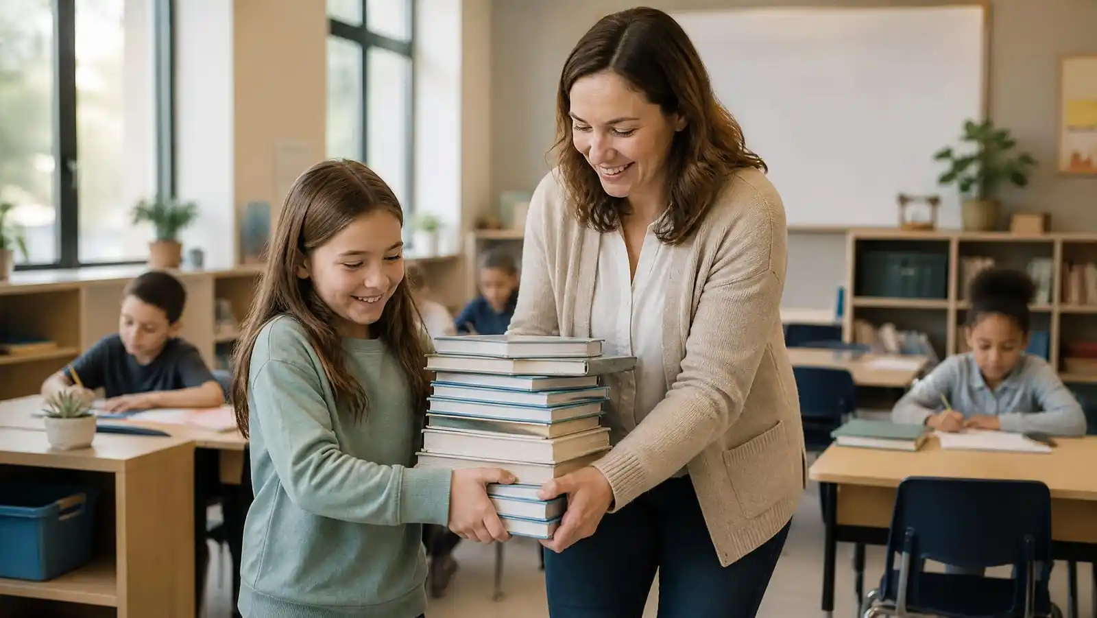 A child helping a teacher carry a stack of books across a bright elementary classroom as a heavy work sensory break