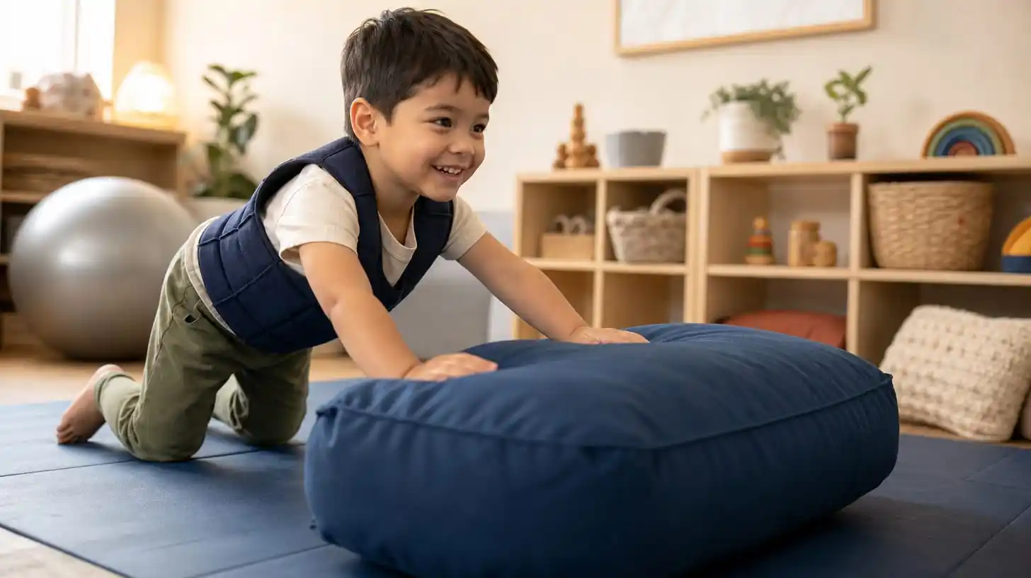 A child in a sensory vest doing heavy-work play by pushing a weighted cushion in a bright therapy room