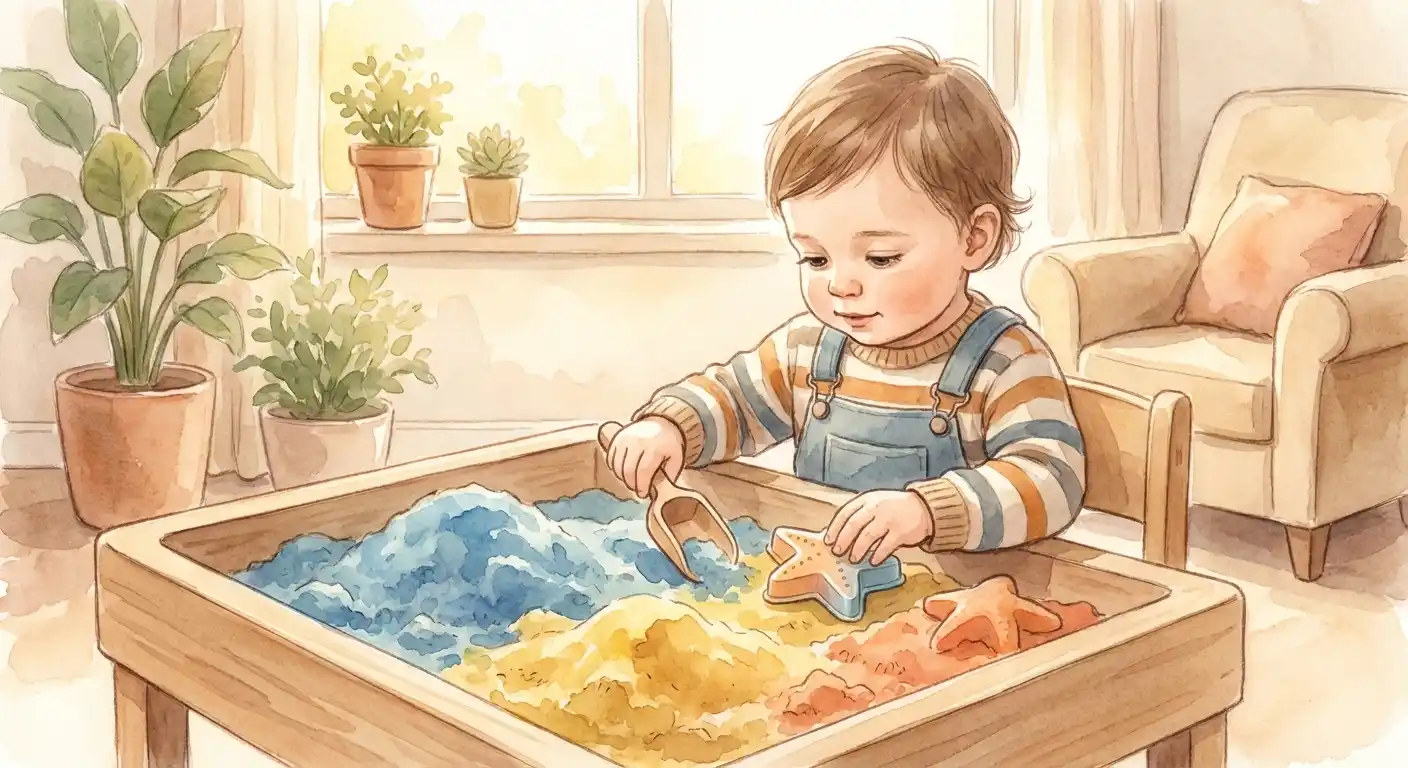 Toddler playing with colorful kinetic sand at a sensory table