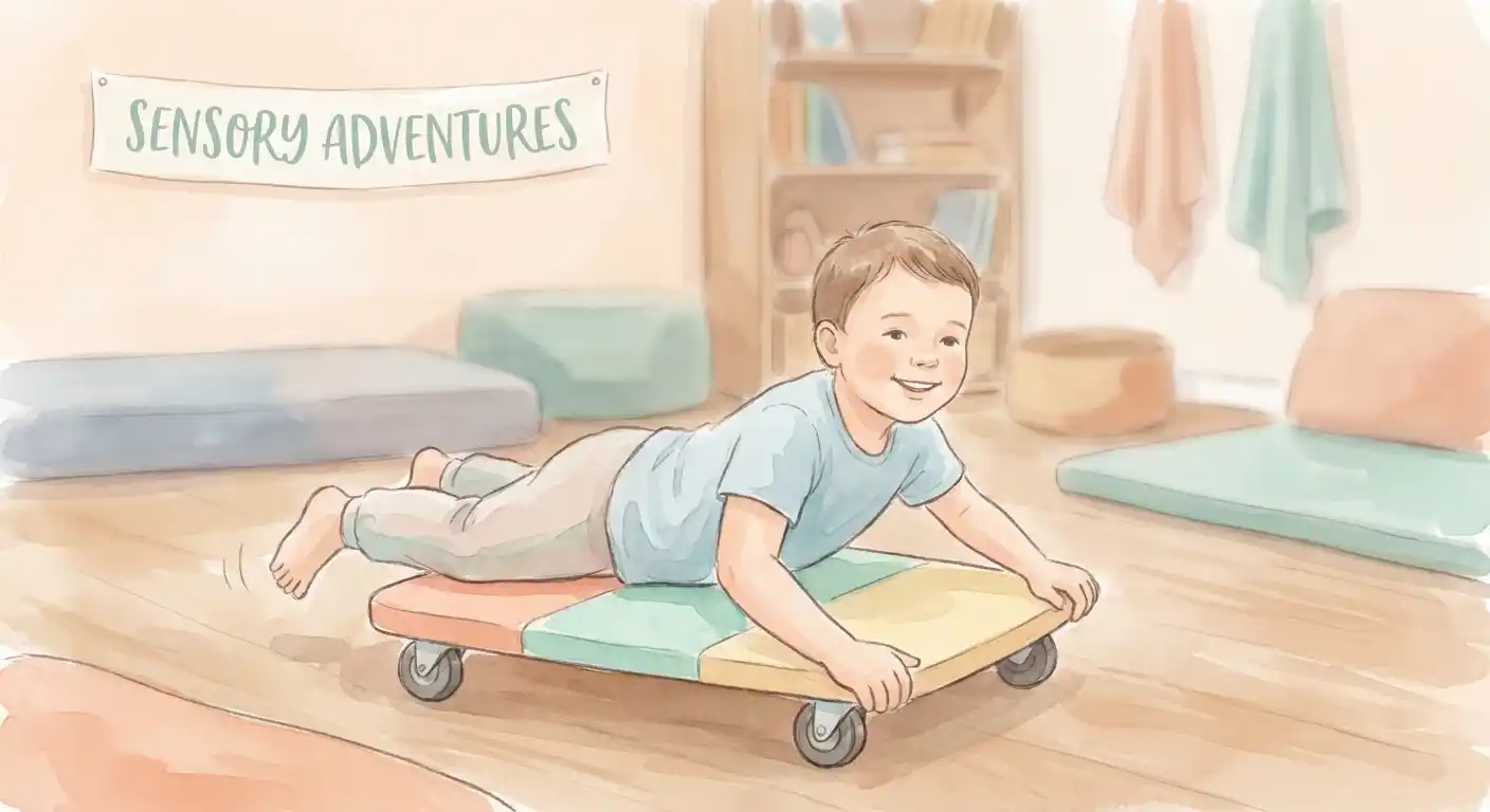 Child on scooter board for sensory therapy and vestibular input