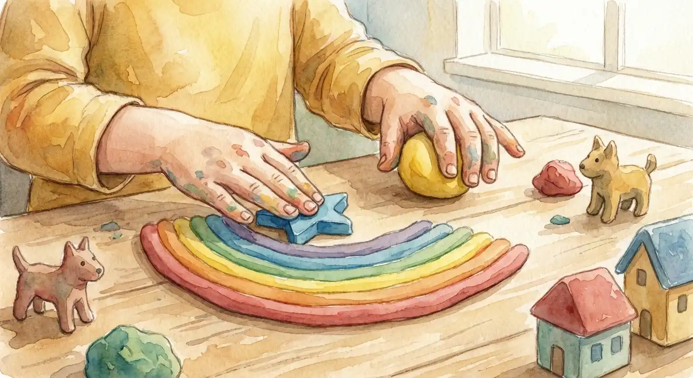 Child's hands molding colorful playdough and clay