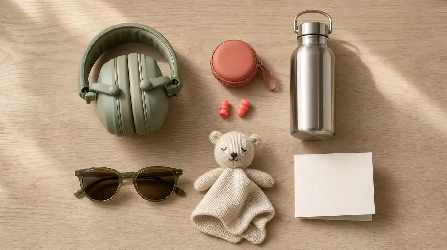 An outing kit laid out from above on a pale oak table: folded sage green protective earmuffs, a coral carry case with silicone earplugs, a stainless steel water bottle, sunglasses, a small knitted comfort toy and a folded cream card