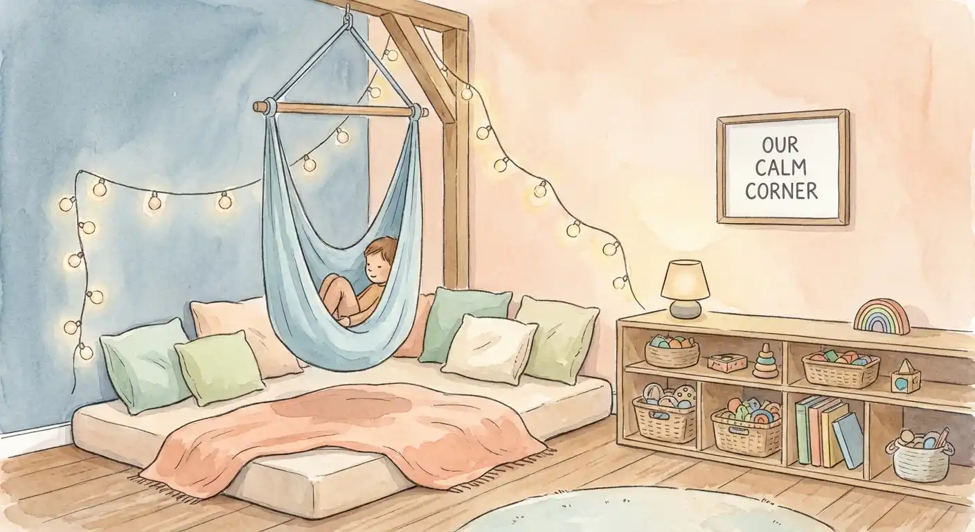 Cozy budget-friendly sensory room with swing and calming decor