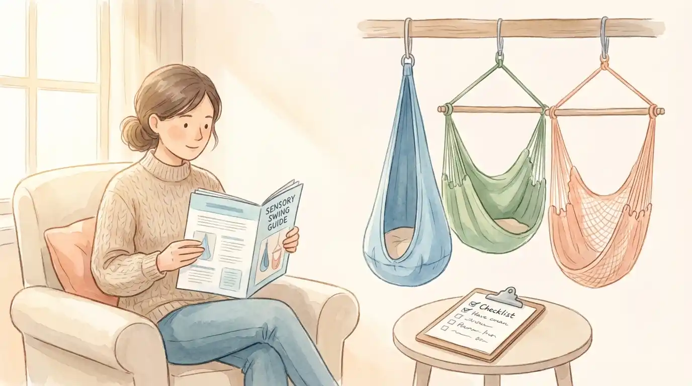 Sensory swing installation guide showing ceiling mount hardware, fabric materials, and safety considerations