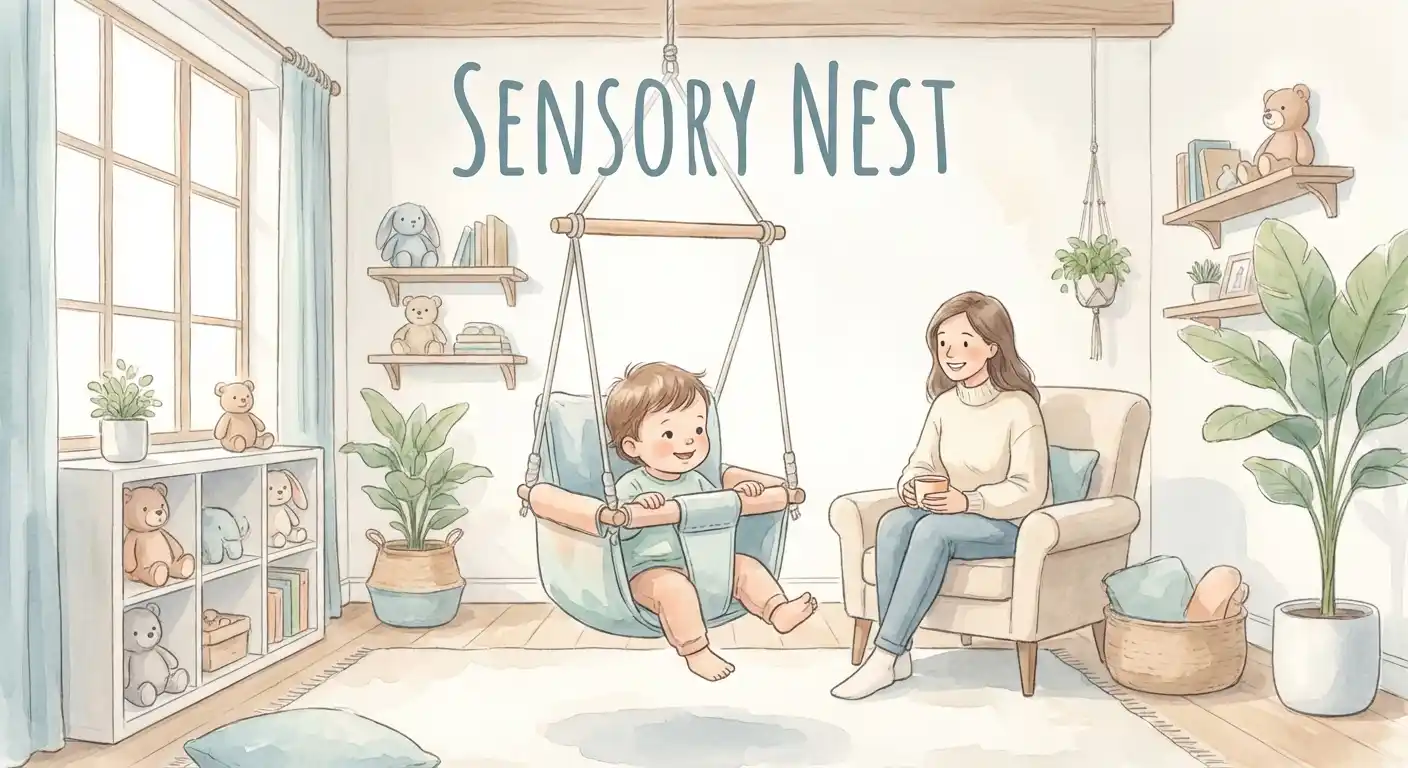 Toddler happily sitting in a safe sensory swing with parent nearby