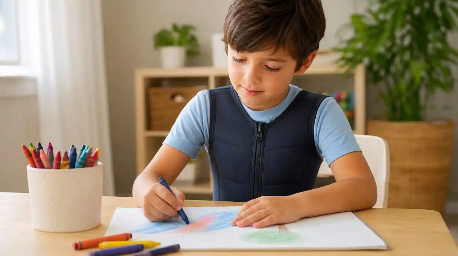 A calm, focused child wearing a sensory compression vest while drawing at a table