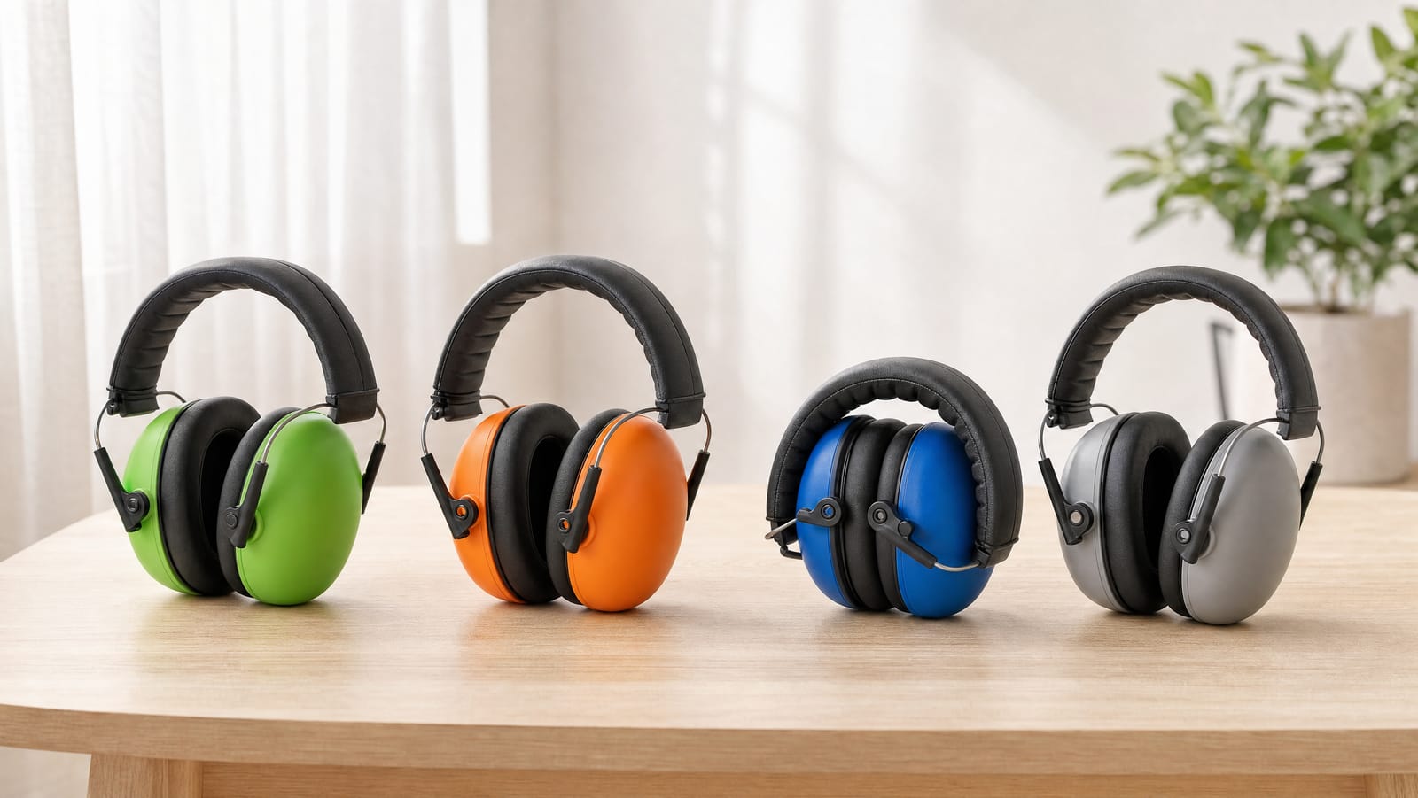 Four pairs of children's over-ear protective earmuffs in green, orange, blue and grey arranged in a row on a pale oak table