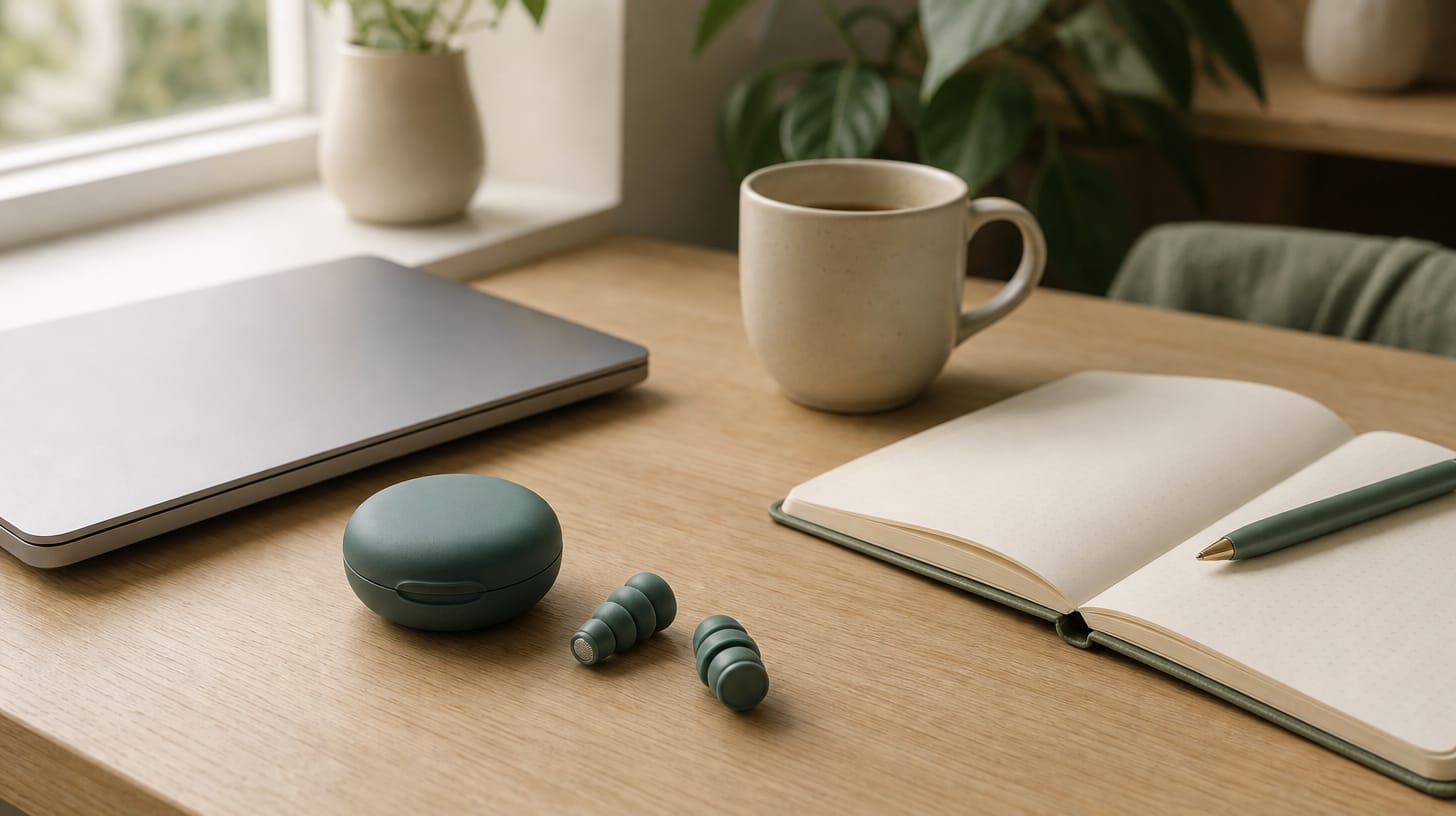 A pair of small discreet teal silicone filtering earplugs and their round carry case on a pale oak desk beside a closed laptop, an open notebook with a pen and a ceramic mug, in soft morning light from a window