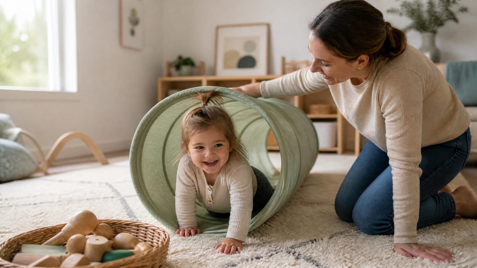 A toddler crawling through a soft fabric play tunnel while a parent kneels nearby, a proprioceptive activity for toddlers and preschoolers