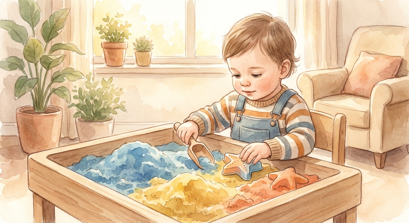 Toddler playing with colorful kinetic sand at a sensory table