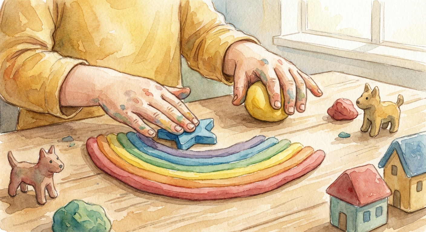 Child's hands molding colorful playdough and clay
