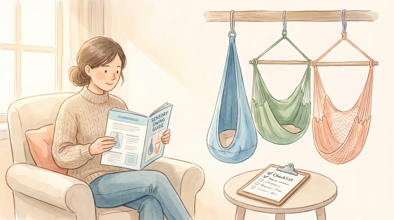 Sensory swing installation guide showing ceiling mount hardware, fabric materials, and safety considerations