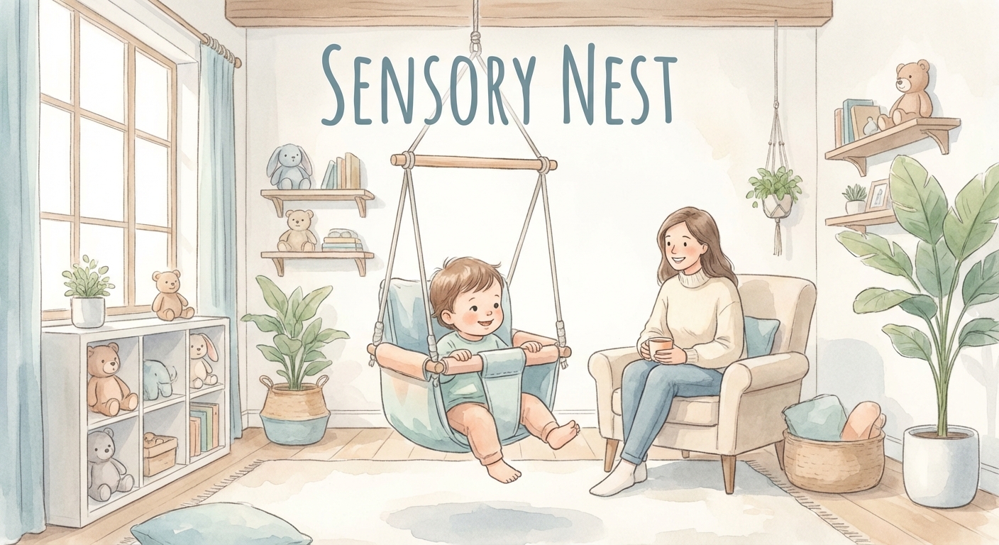 Toddler happily sitting in a safe sensory swing with parent nearby
