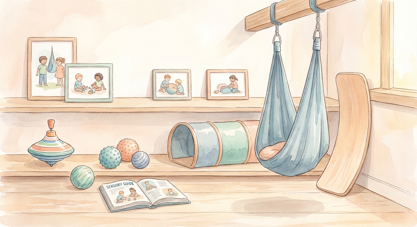 Collection of sensory swings and vestibular toys for autism and ADHD therapy