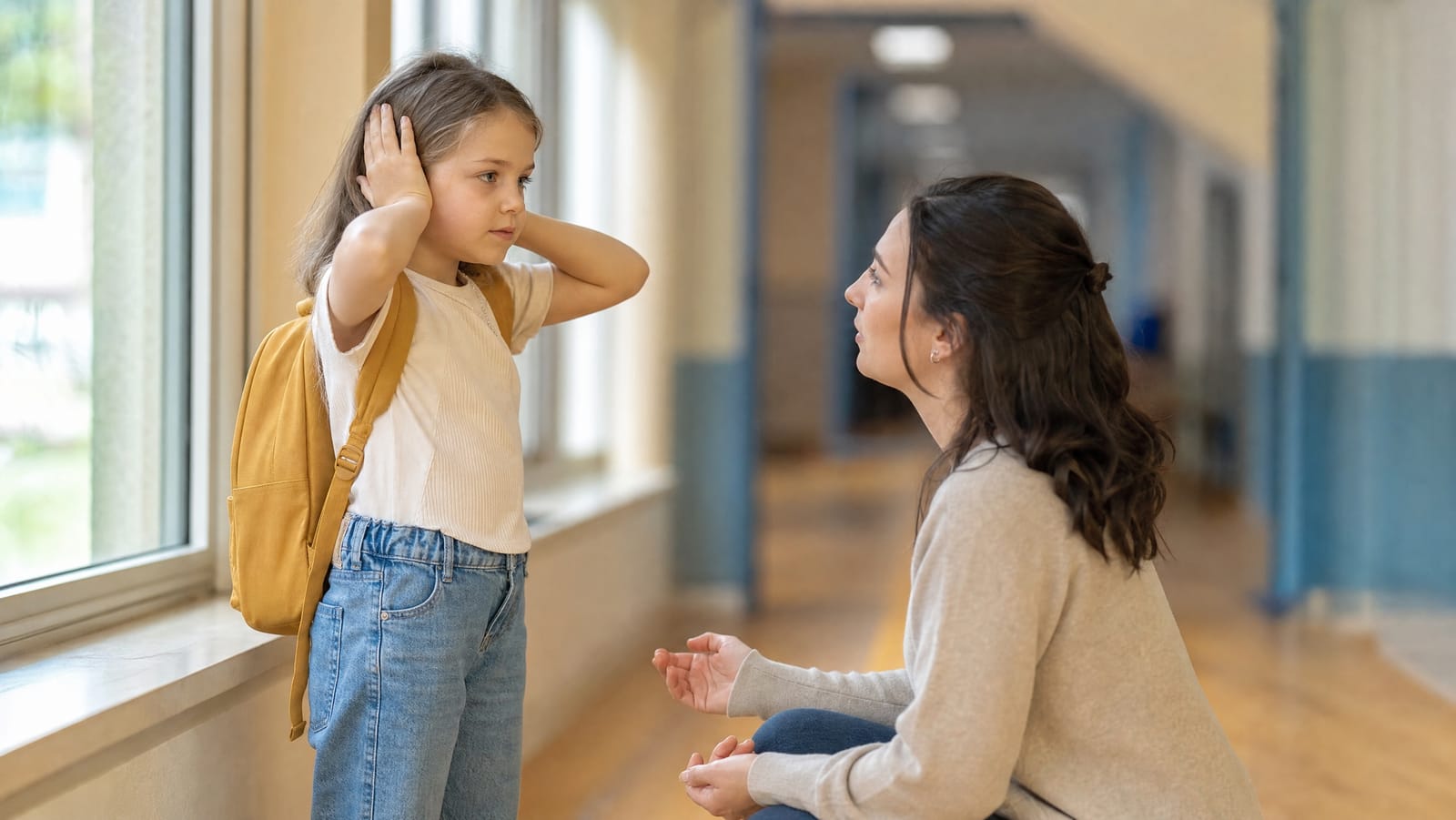 A child resting both hands over their ears in a bright school corridor while an adult kneels beside them at eye level, speaking gently
