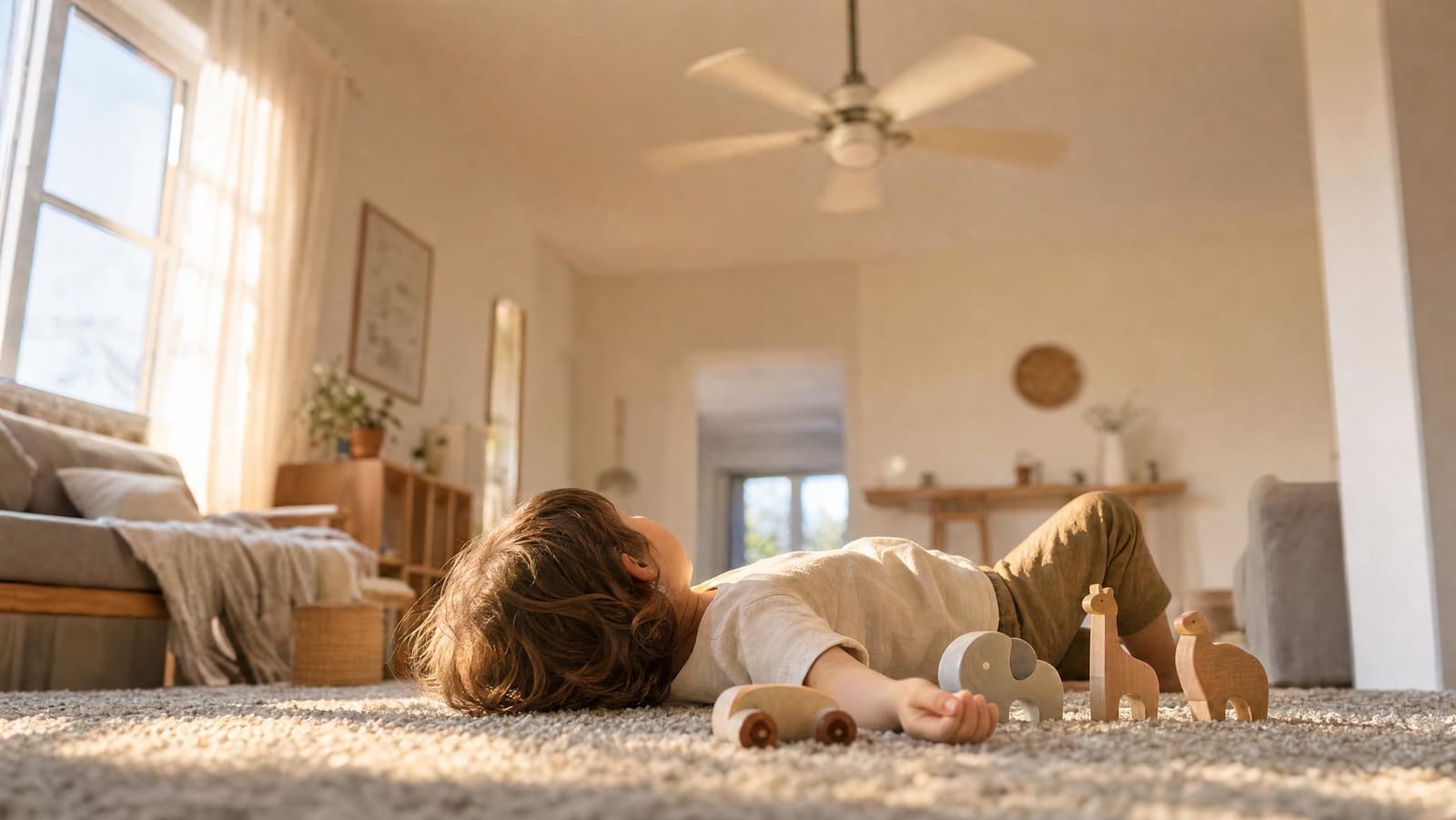 A young child lying on their back on a soft rug in a sunlit living room, face turned away from the camera, gazing up at a slowly turning ceiling fan with a row of small wooden animal toys lined up beside their hand